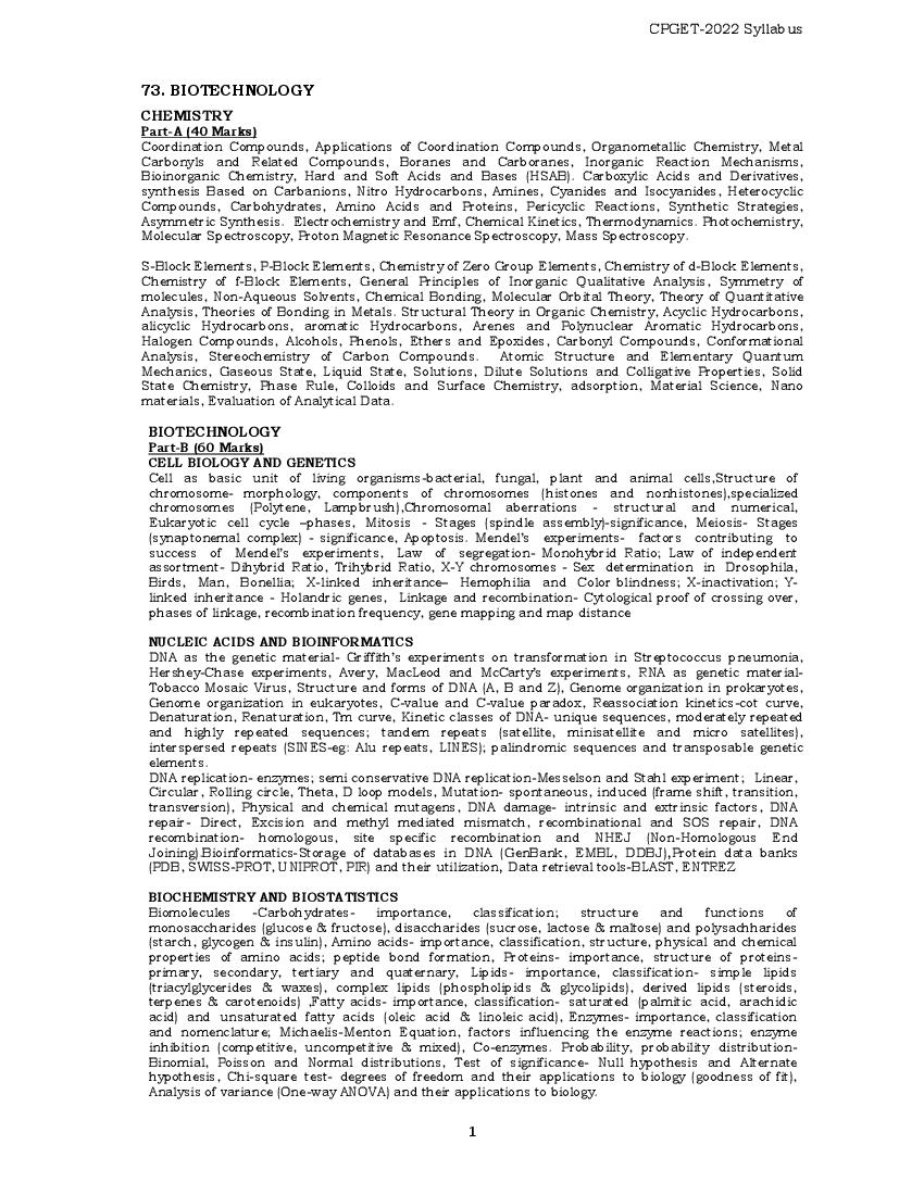 TS CPGET 2022 Syllabus M.Sc Biotechnology - Page 1