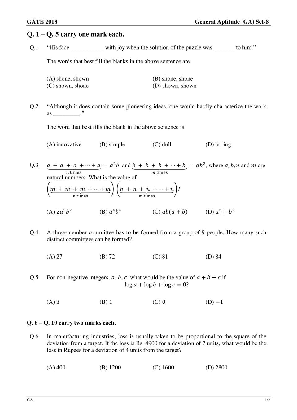 GATE 2018 Civil Engineering (CE) Question Paper with Answer Set 2 - Page 1