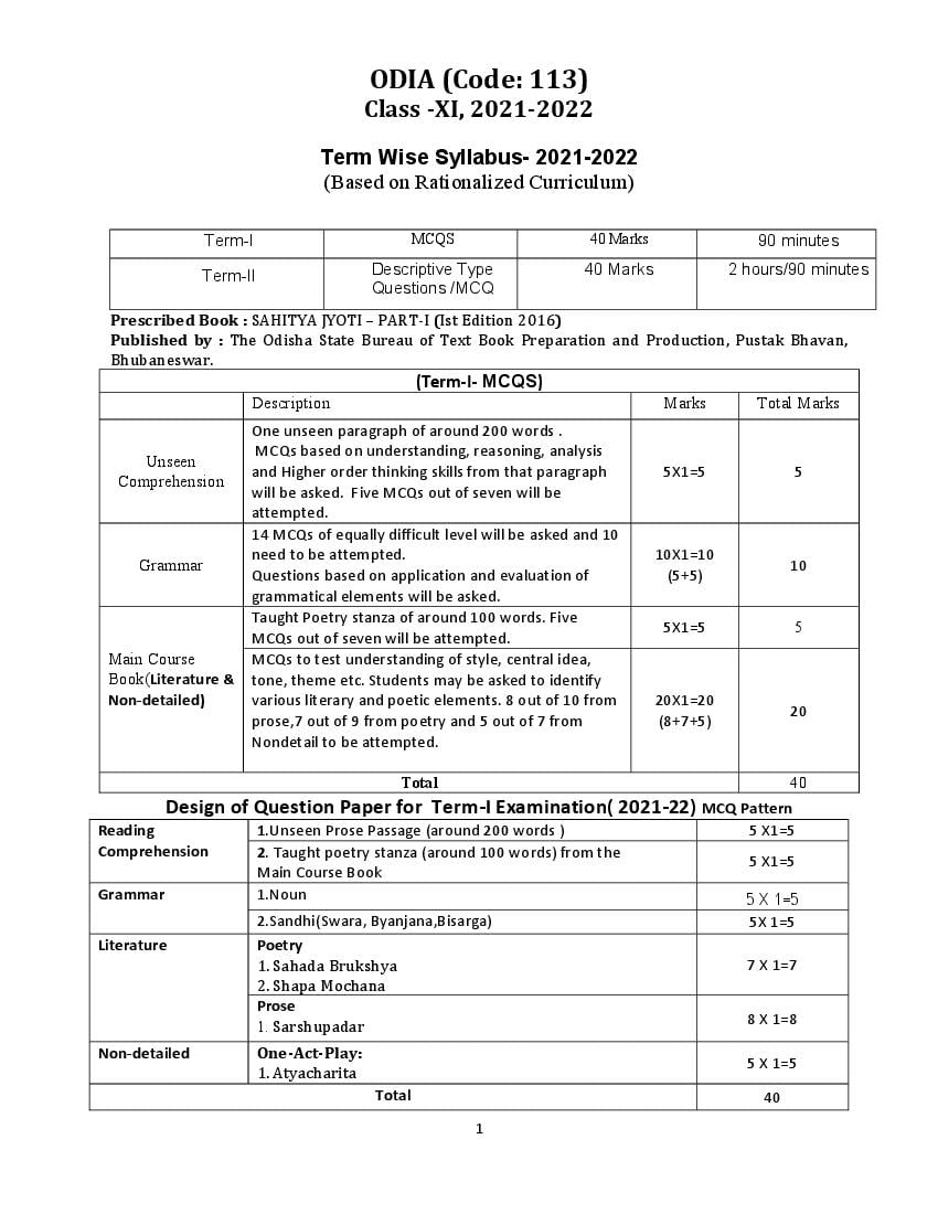 CBSE Class 12 Term Wise Syllabus 2021-22 Odia - Page 1