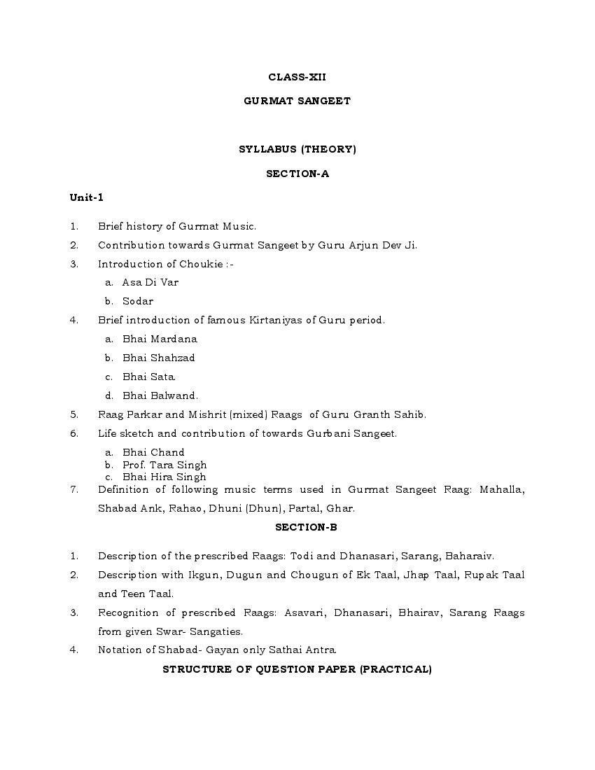 PSEB Syllabus 2021-22 for Class 12 Gurmat Sangeet - Page 1