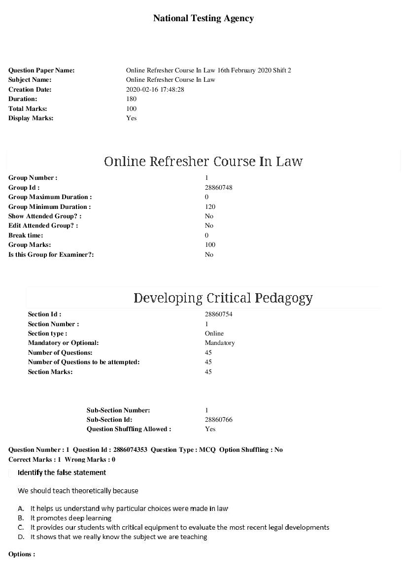 ARPIT 2020 Question Paper for Online Refresher Course In Law Shift 2 - Page 1