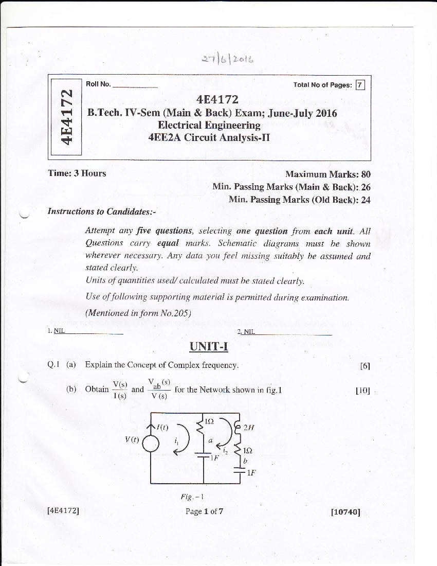 RTU 2016 Question Paper Semester IV Electrical Engineering Circuit Analysis II - Page 1