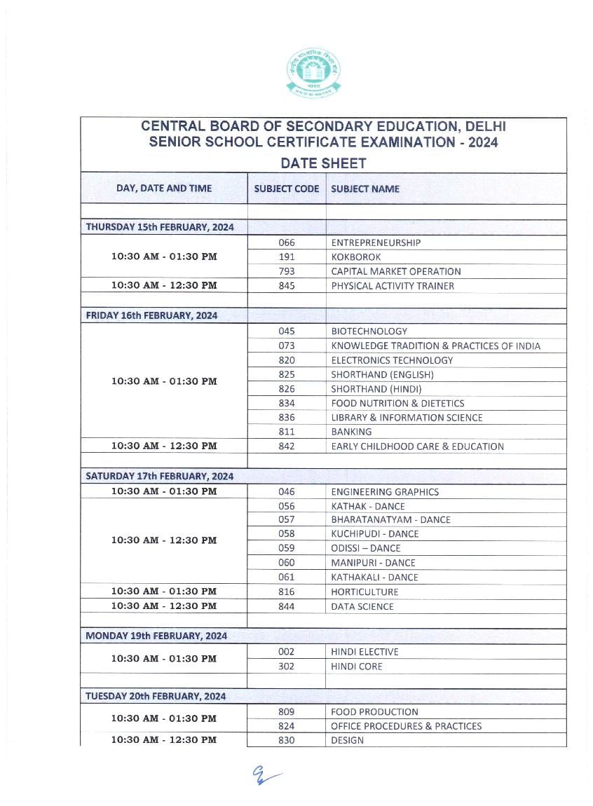 CBSE Class 12 Date Sheet 2024 - Page 1