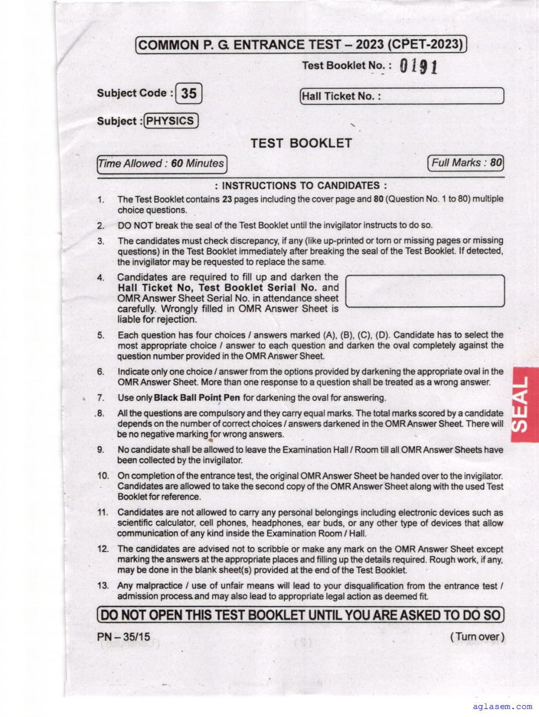 Odisha CPET 2023 Question Paper Physics - Page 1 of 24