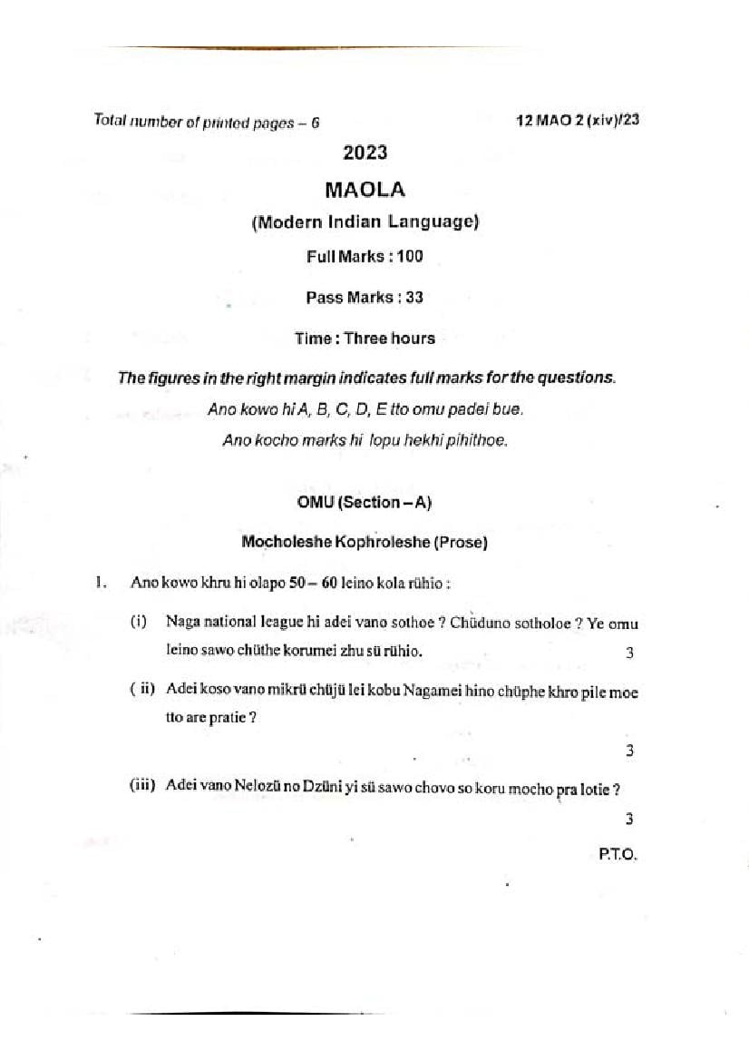 Manipur Board Class 12 Question Paper 2023 for Mao-la - Page 1