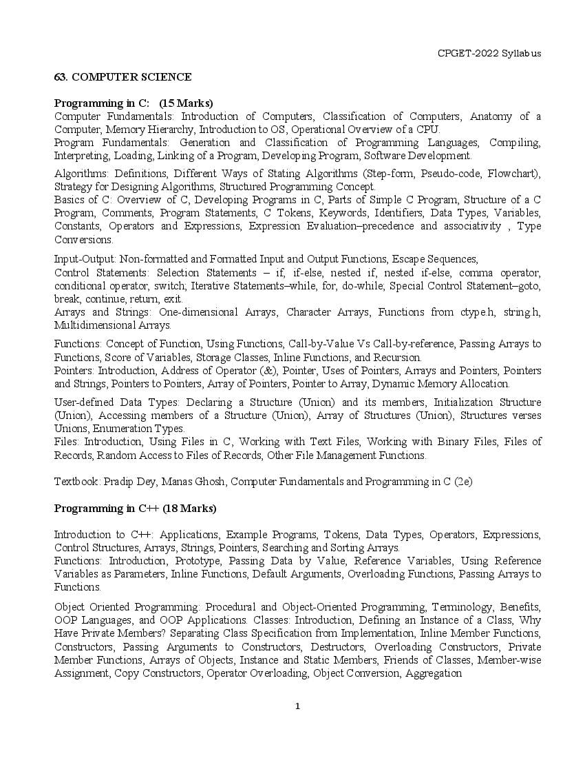 TS CPGET 2022 Syllabus M.Sc Computer Science - Page 1