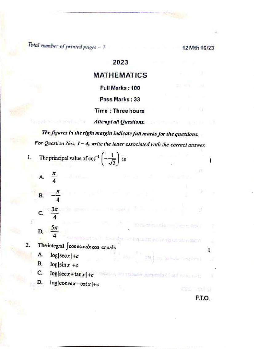 Manipur Board Class 12 Question Paper 2023 for Maths - Page 1