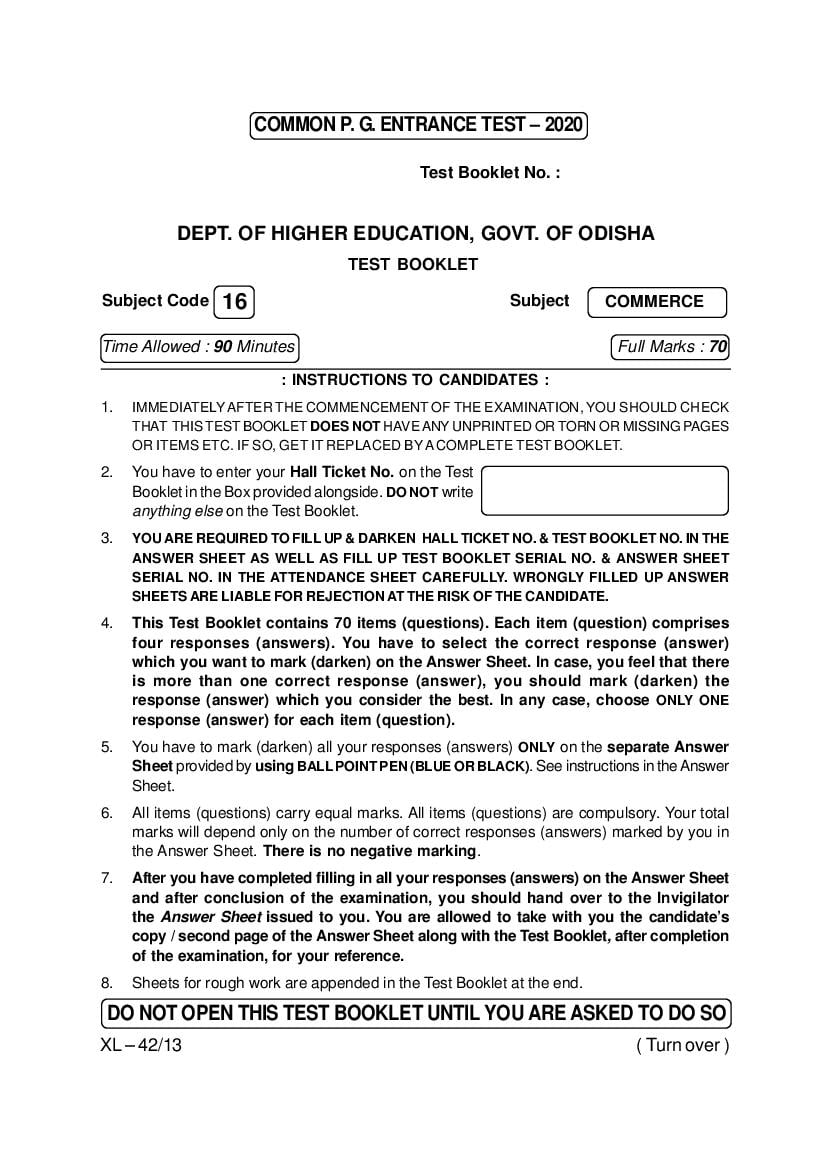 Odisha CPET 2020 Question Paper Commerce - Page 1