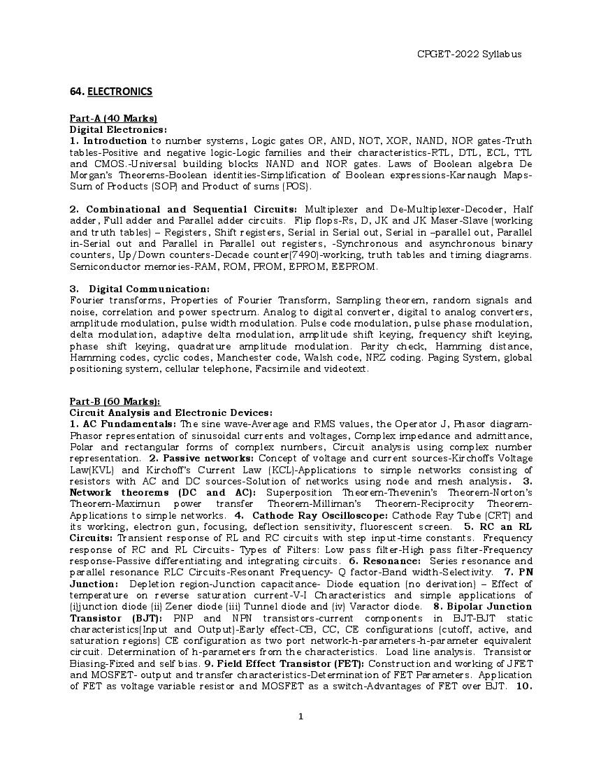 TS CPGET 2022 Syllabus M.Sc Electronics - Page 1