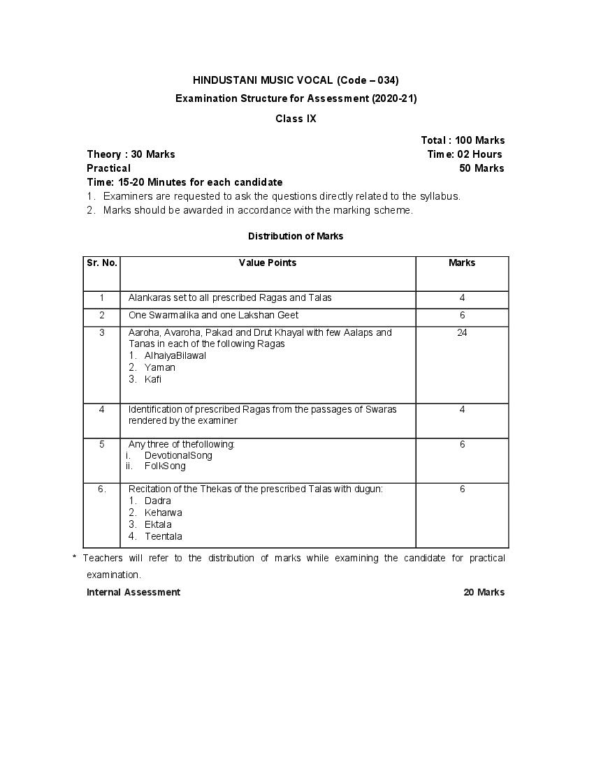 CBSE Class 9 Hindustani Music Vocal Syllabus 2020-21 - Page 1 of 4