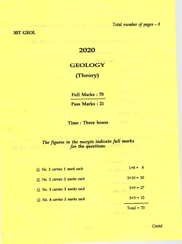 AHSEC HS 2nd Year Question Paper 2020 Geology - Page 1