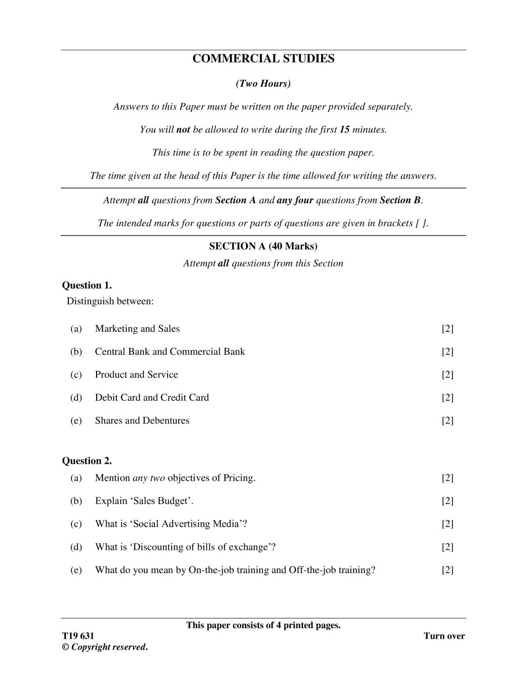 ICSE Class 10 Specimen Paper 2019 for Commercial Studies  - Page 1
