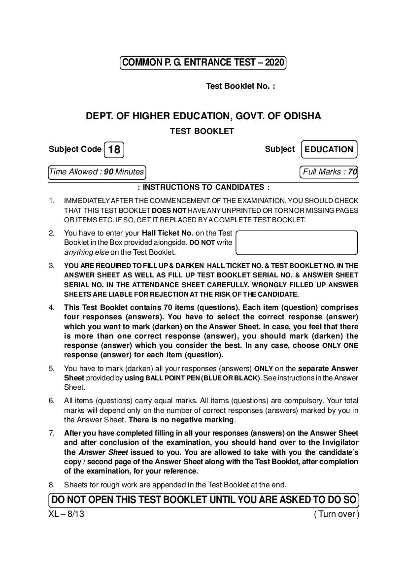 Odisha CPET 2020 Question Paper Education - Page 1