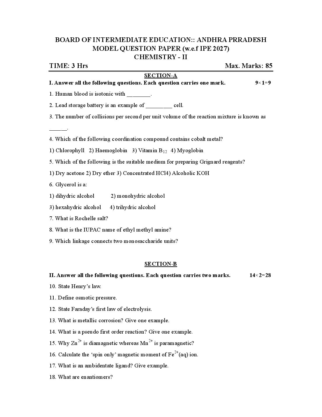 AP Class 12 Model Paper 2027 Chemistry - Page 1 of 3