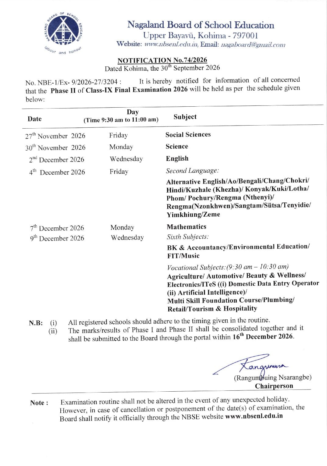 NBSE Class 9 Routine 2026 Phase 2 - Page 1 of 1