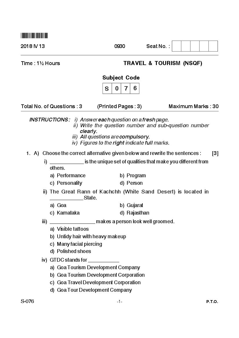 Goa Board Class 10 Question Paper Apr 2018 Travel and Tourism English - Page 1