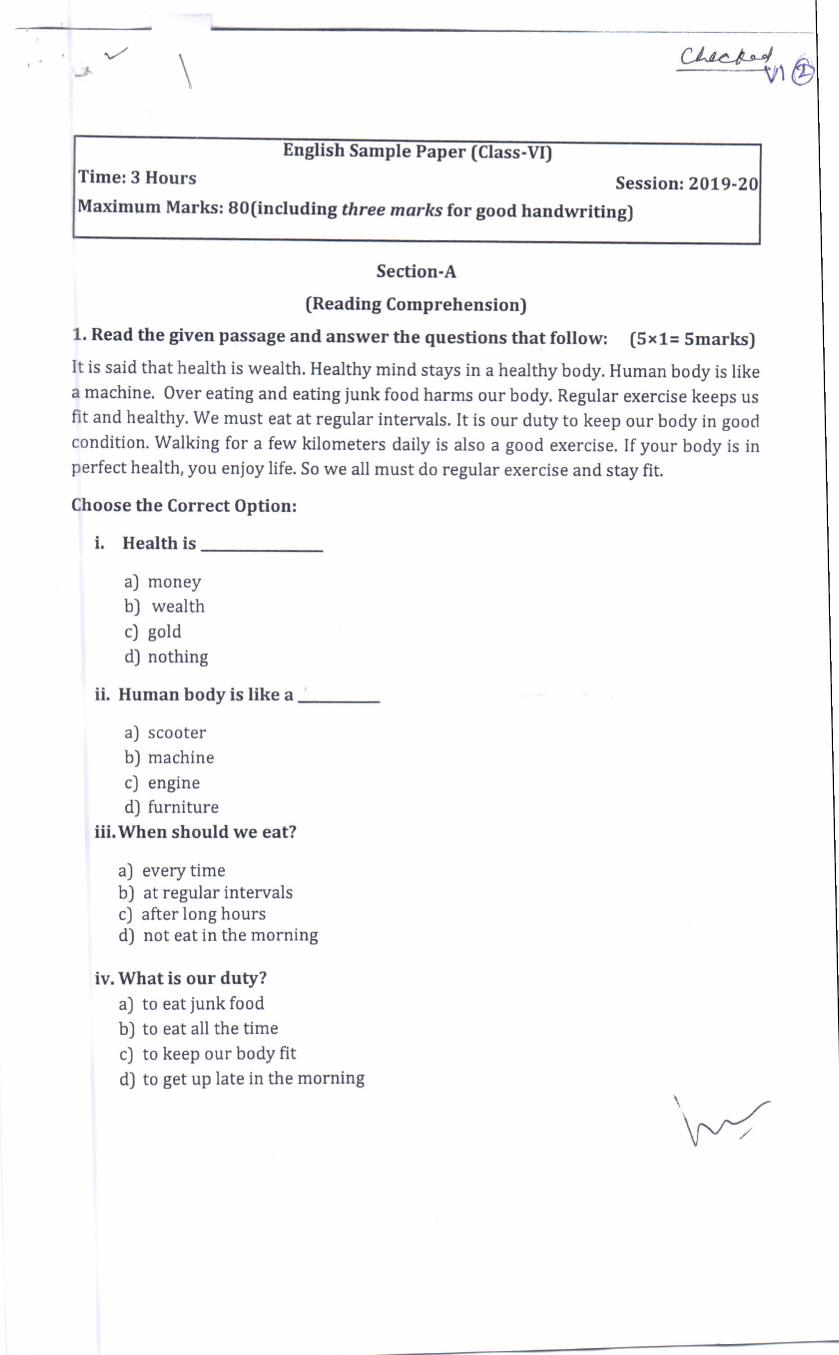 english question paper 6th class essay 1