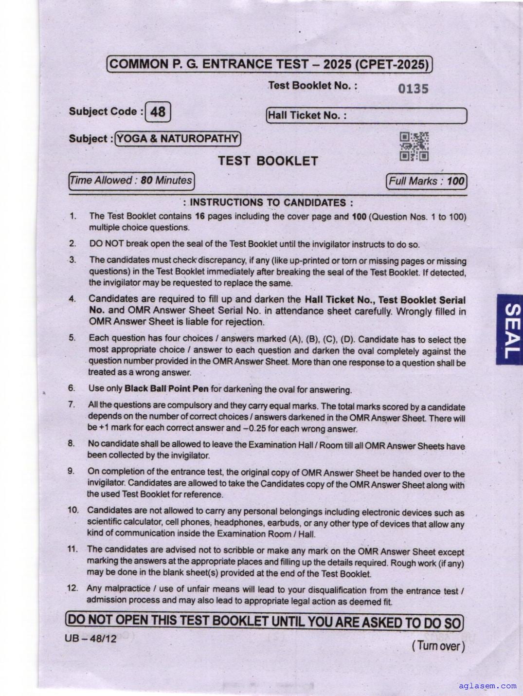 Odisha CPET 2025 Question Paper Yoga Naturopathy - Page 1 of 16