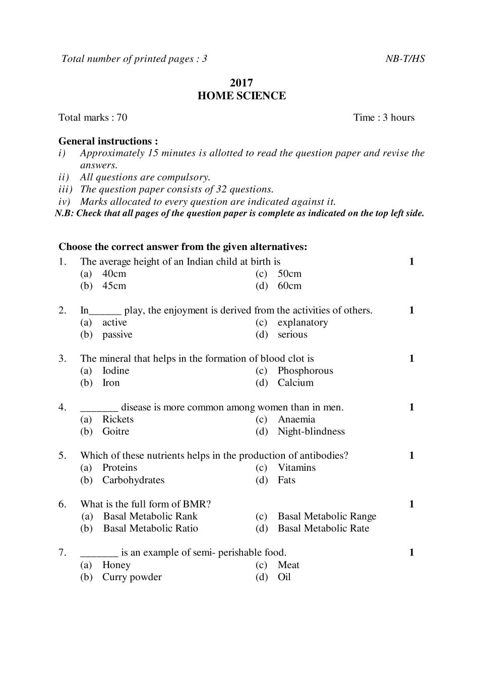 NBSE Class 10 Question Paper 2017 for Home Science - Page 1