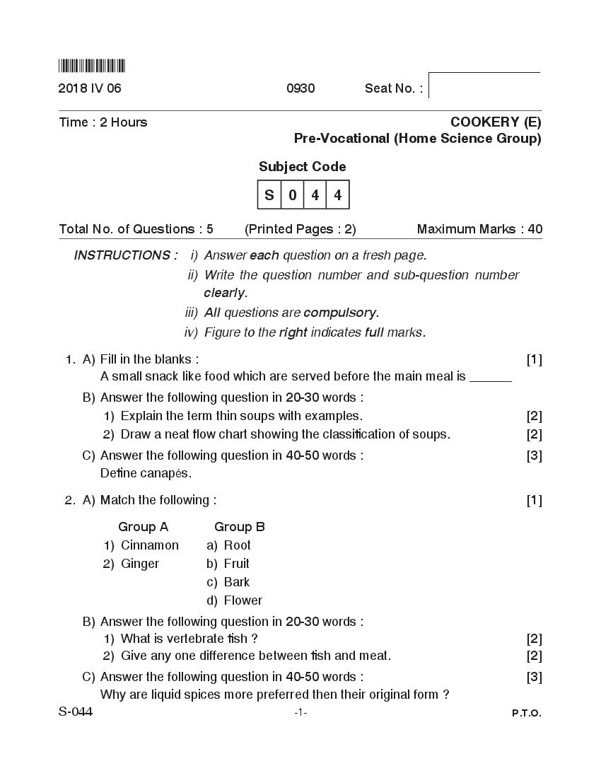 Goa Board Class 10 Question Paper Apr 2018 Cookery Pre Vocational English - Page 1