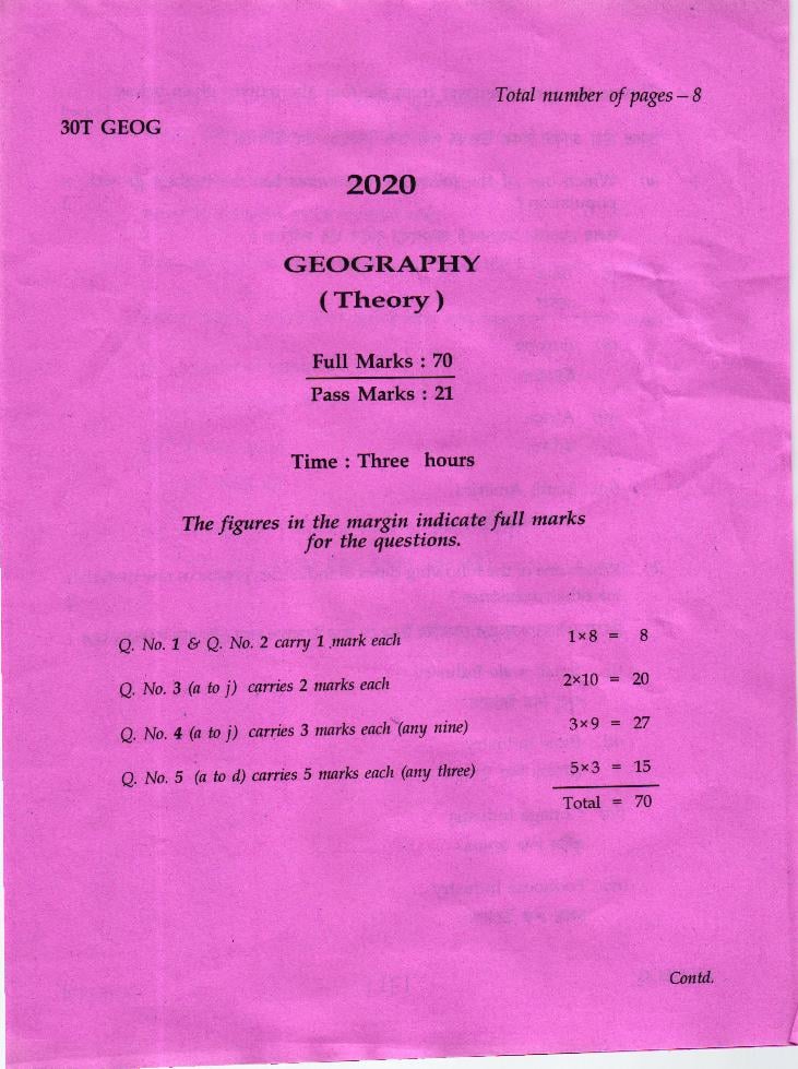 AHSEC HS 2nd Year Question Paper 2020 Geography - Page 1