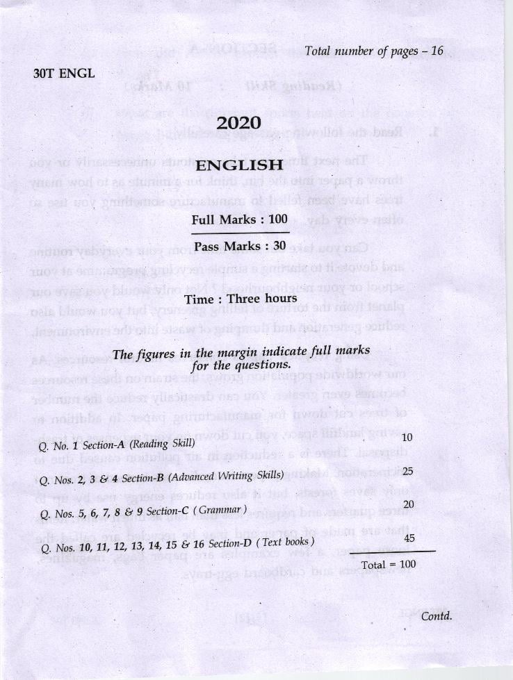 AHSEC HS 2nd Year Question Paper 2020 English - Page 1