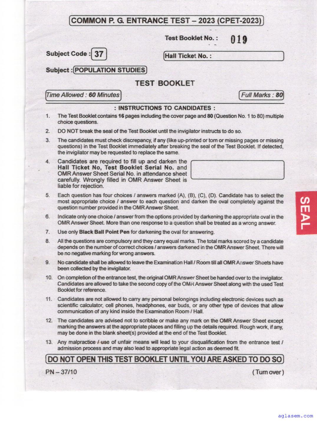 Odisha CPET 2023 Question Paper Population Studies - Page 1 of 16