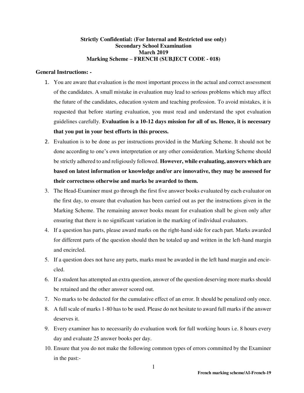 CBSE Class 10 French Question Paper 2019 Solutions - Page 1