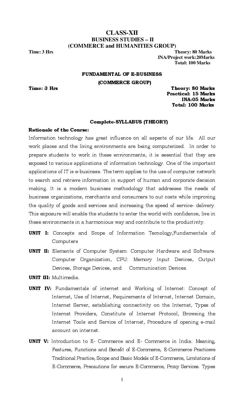 PSEB Syllabus 2021-22 for Class 12 Fundamental of E-Business - Page 1