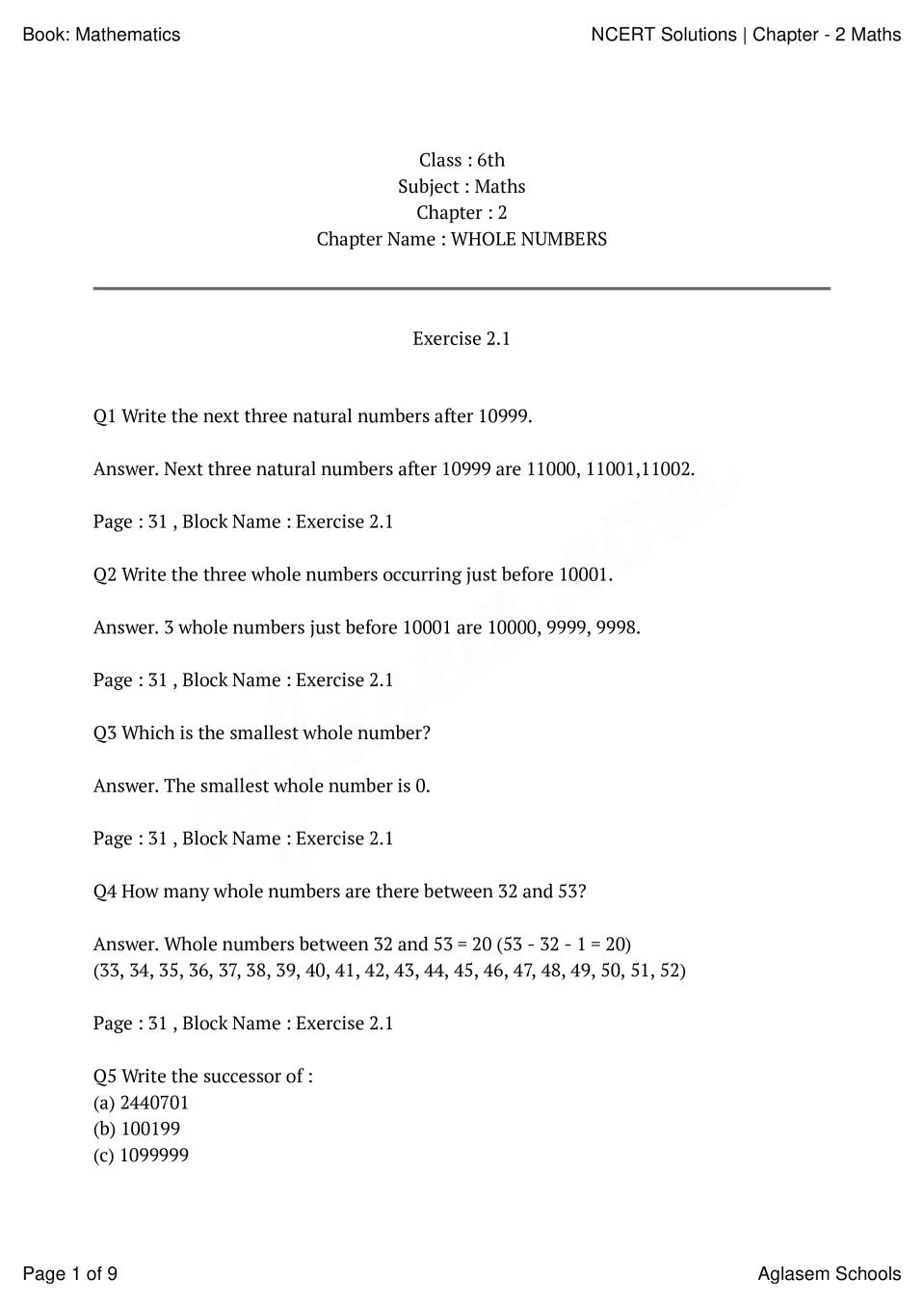 CBSE Class 6 Maths Chapter 2 Whole Numbers Solutions CBSE Study Group