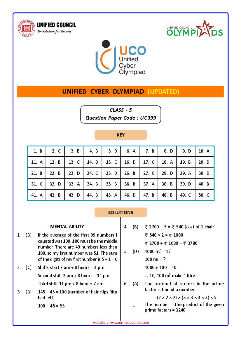 UCO 2023-2024 Updated Answer Key UC399 Class 5 - Page 1