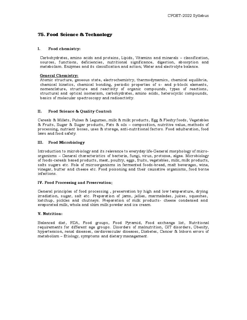 TS CPGET 2022 Syllabus M.Sc Food Science And Technology - Page 1