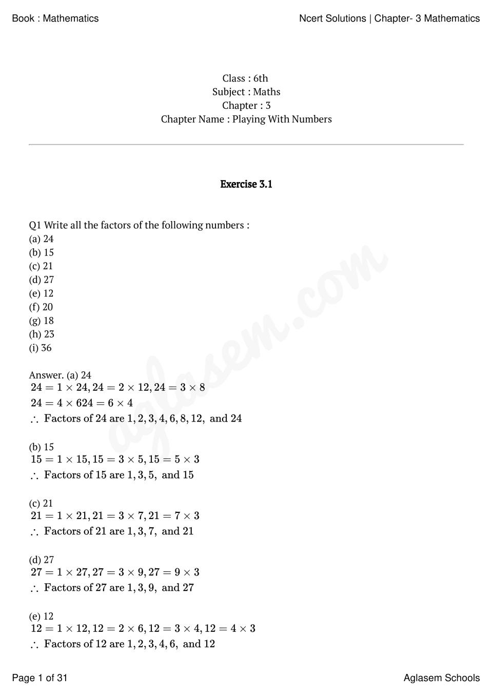 assignment for class 6 maths answers