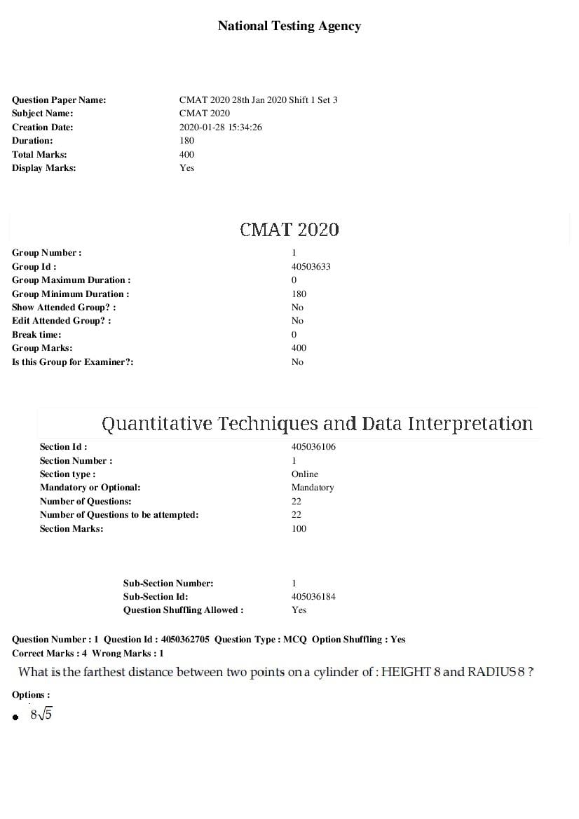 CMAT 2020 Question Paper 28 Jan Shift 1 Set 3 - Page 1