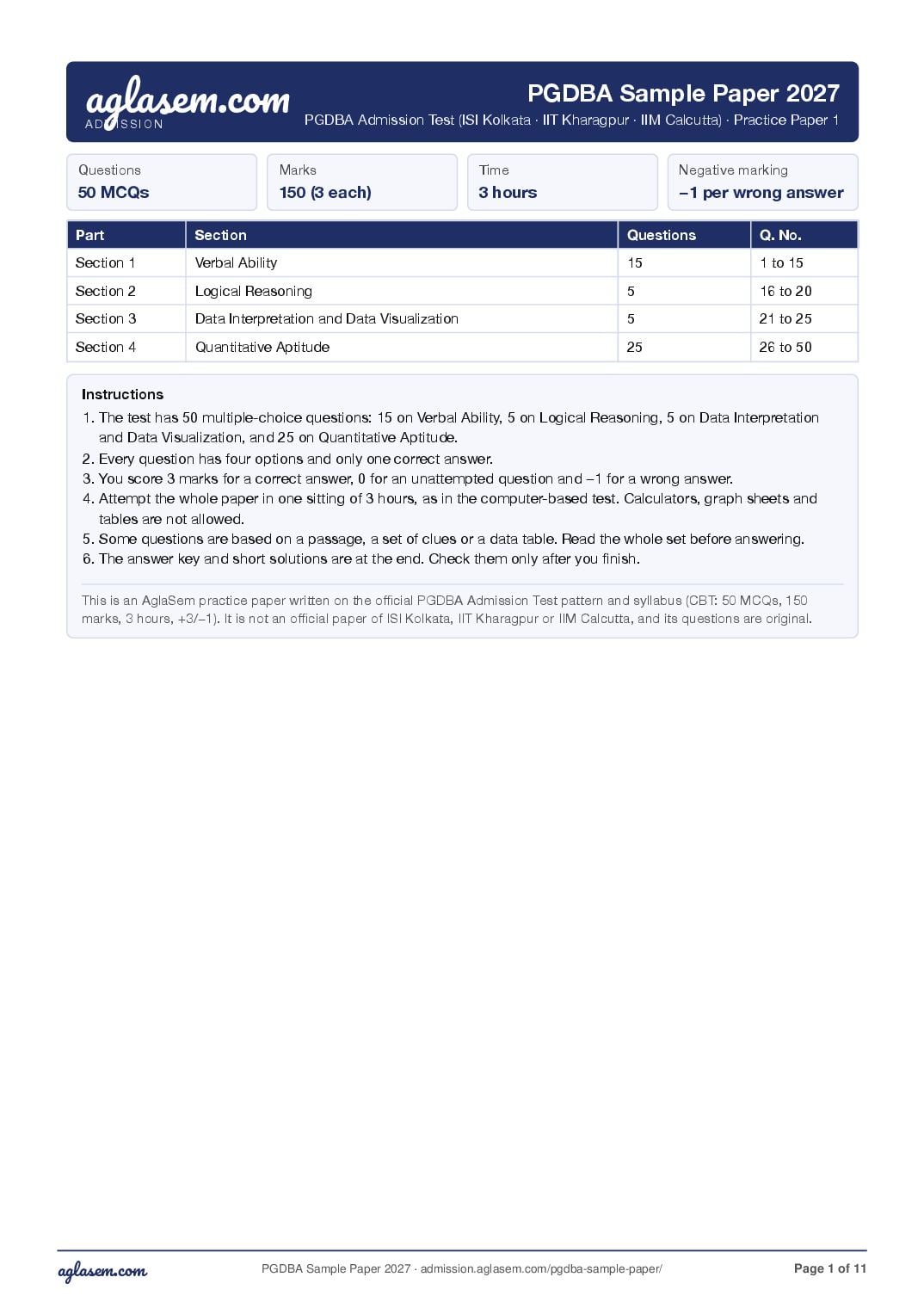 PGDBA 2027 Sample Paper - Page 1 of 11