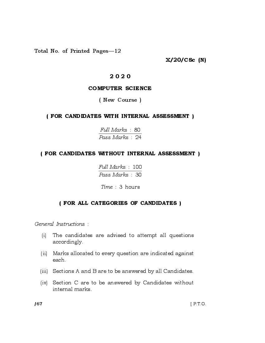 MBOSE Class 10 Question Paper 2020 for Computer Science - Page 1