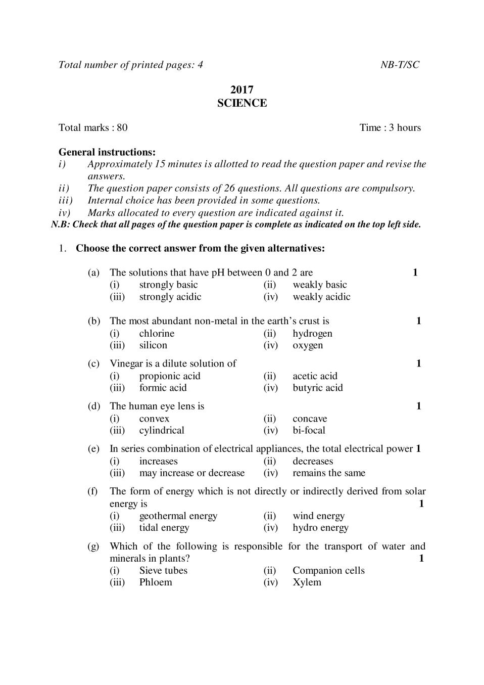 NBSE Class 10 Question Paper 2017 for Science - Page 1