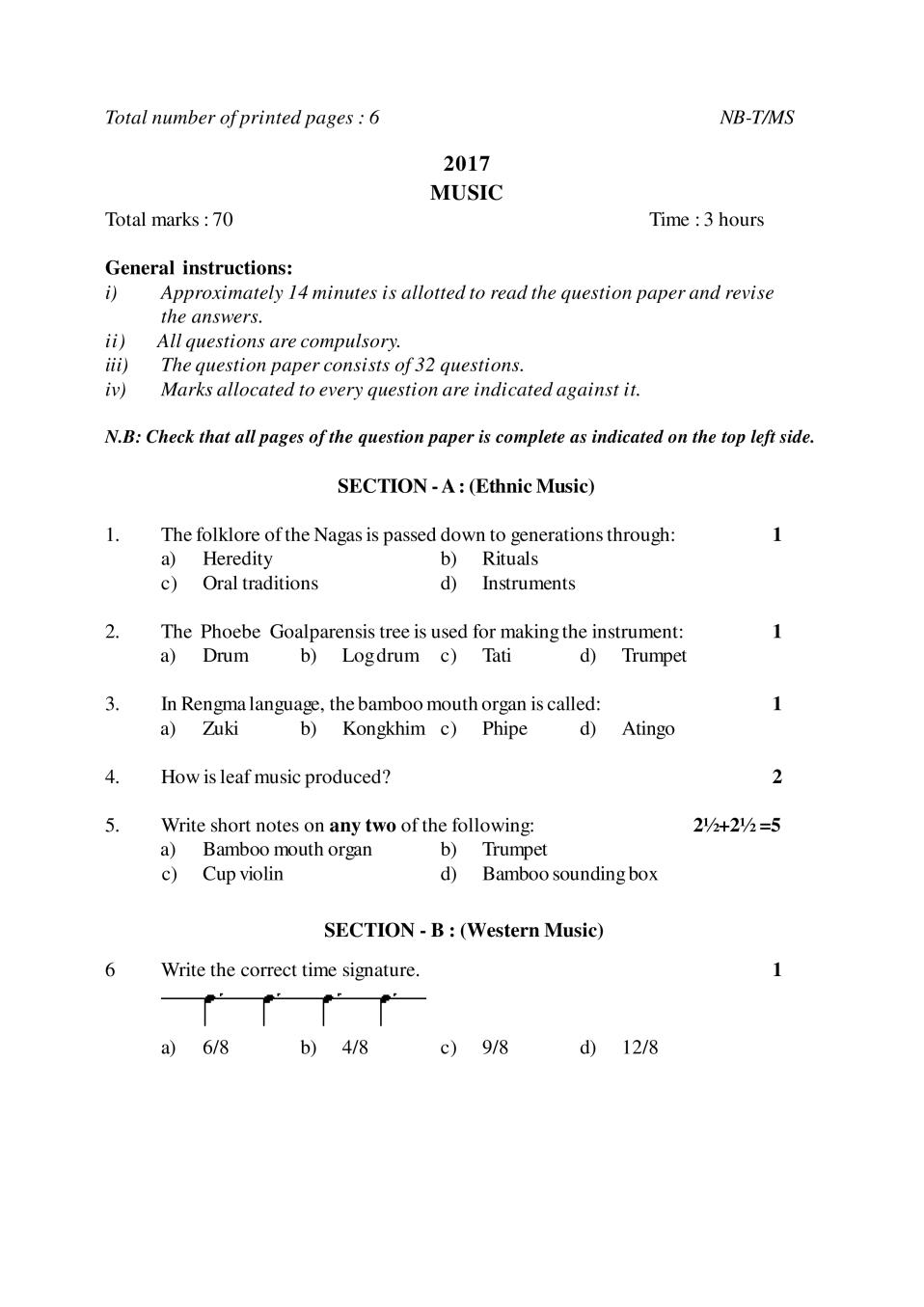 NBSE Class 10 Question Paper 2017 for Music - Page 1