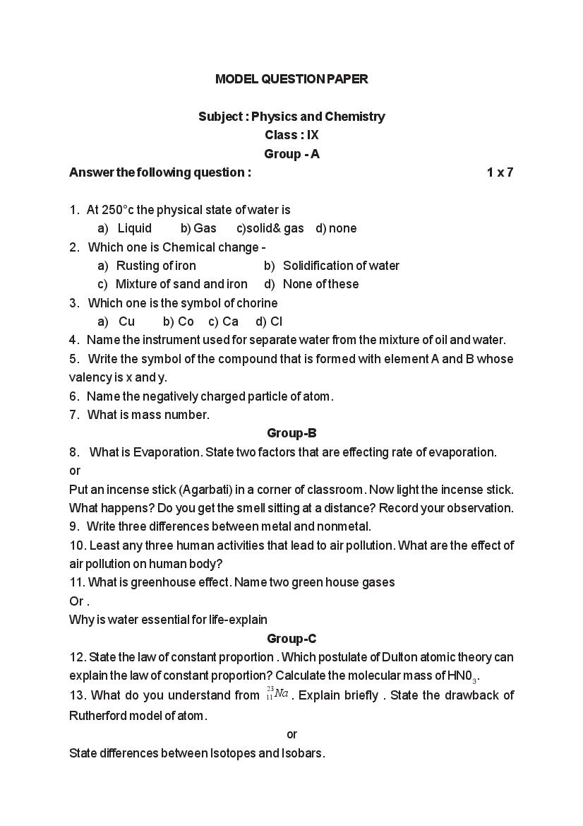 Tripura Board Model Question Paper for Class 9 Physics and Chemisty Annual Exam - Page 1