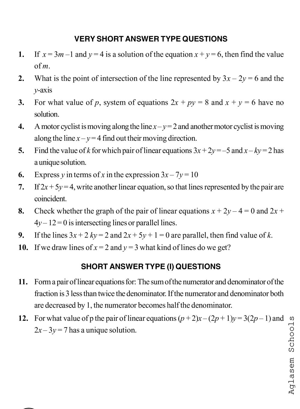 assignment on linear equations class 10