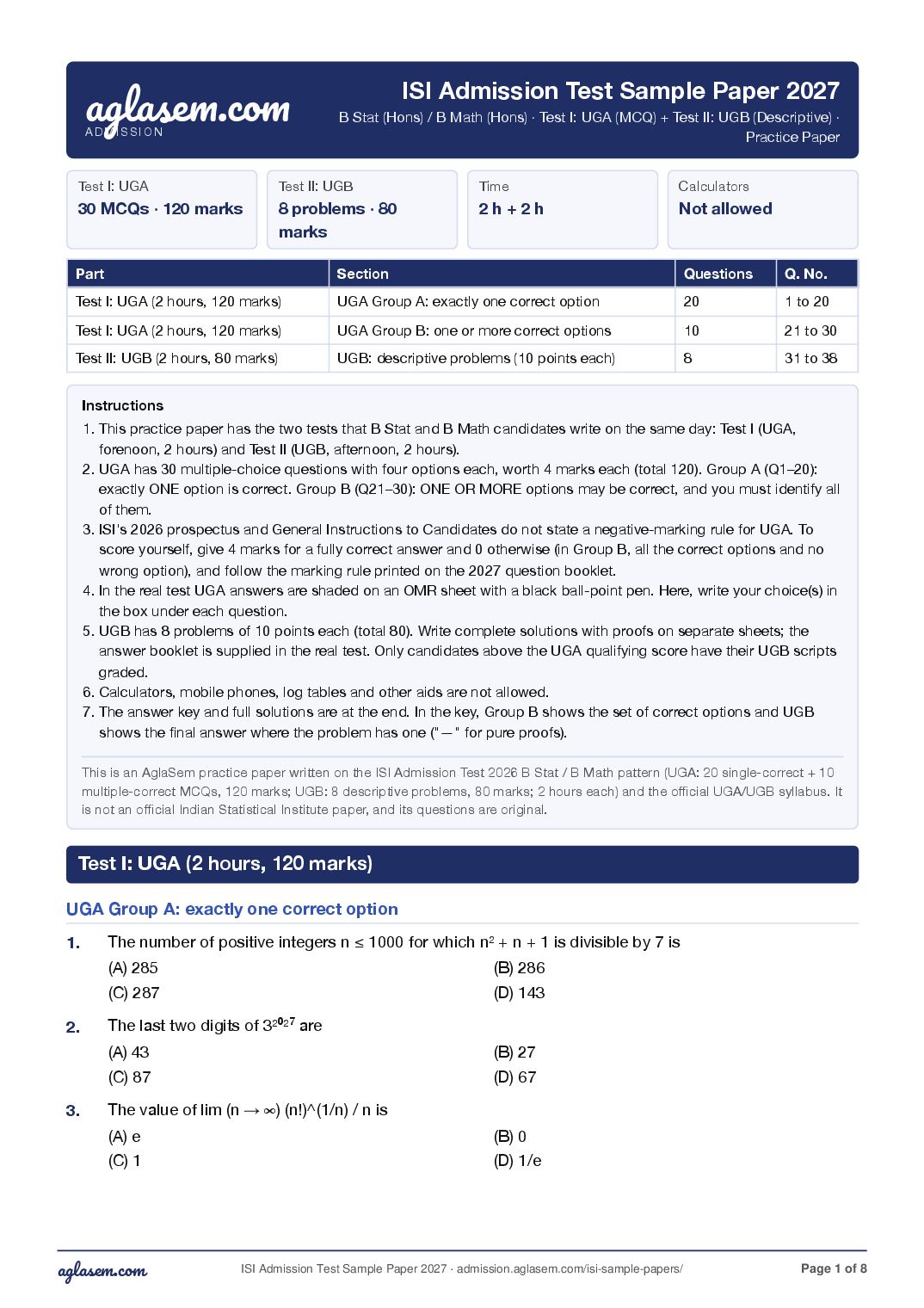 ISI Admission Test 2027 Sample Paper B.Stat B.Math UGA and UGB - Page 1 of 8