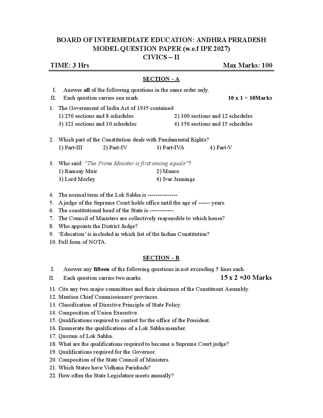 AP Class 12 Model Paper 2027 Civics - Page 1 of 2