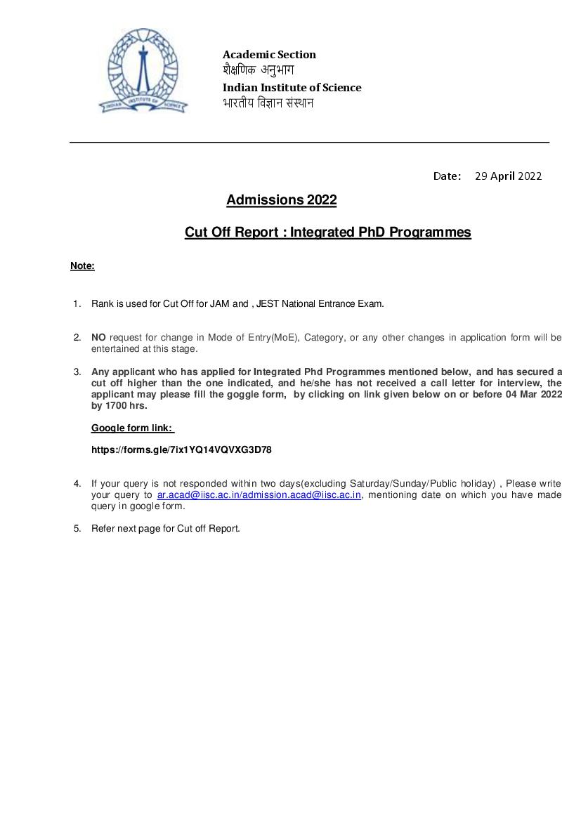 IISc Admission 2022 Cut Off Report Integrated Ph.D Programme - Page 1