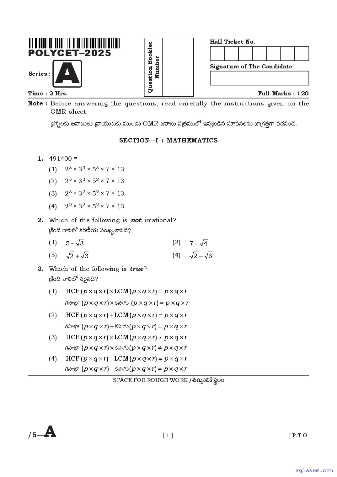 AP POLYCET 2025 Question Paper - Page 1 of 28