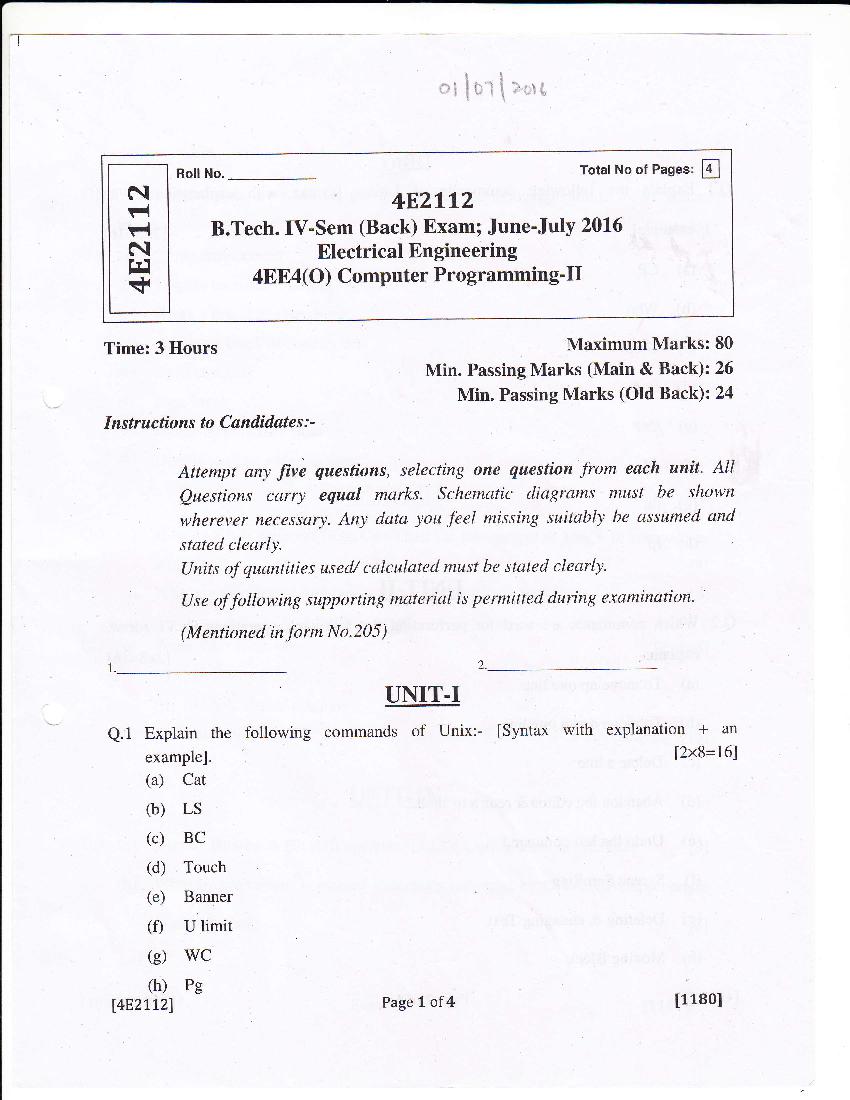 RTU 2016 Question Paper Semester IV Electrical Engineering Computer Programming II - Page 1
