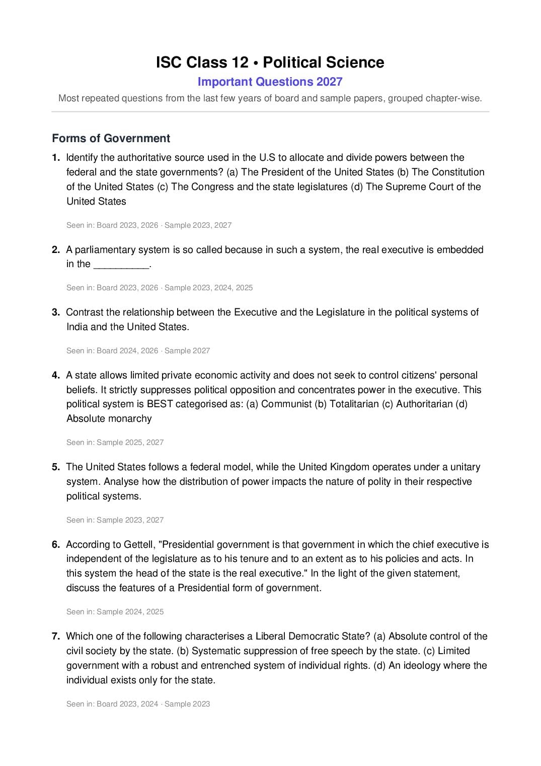 ISC Class 12 Important Questions 2027 Political Science - Page 1 of 10