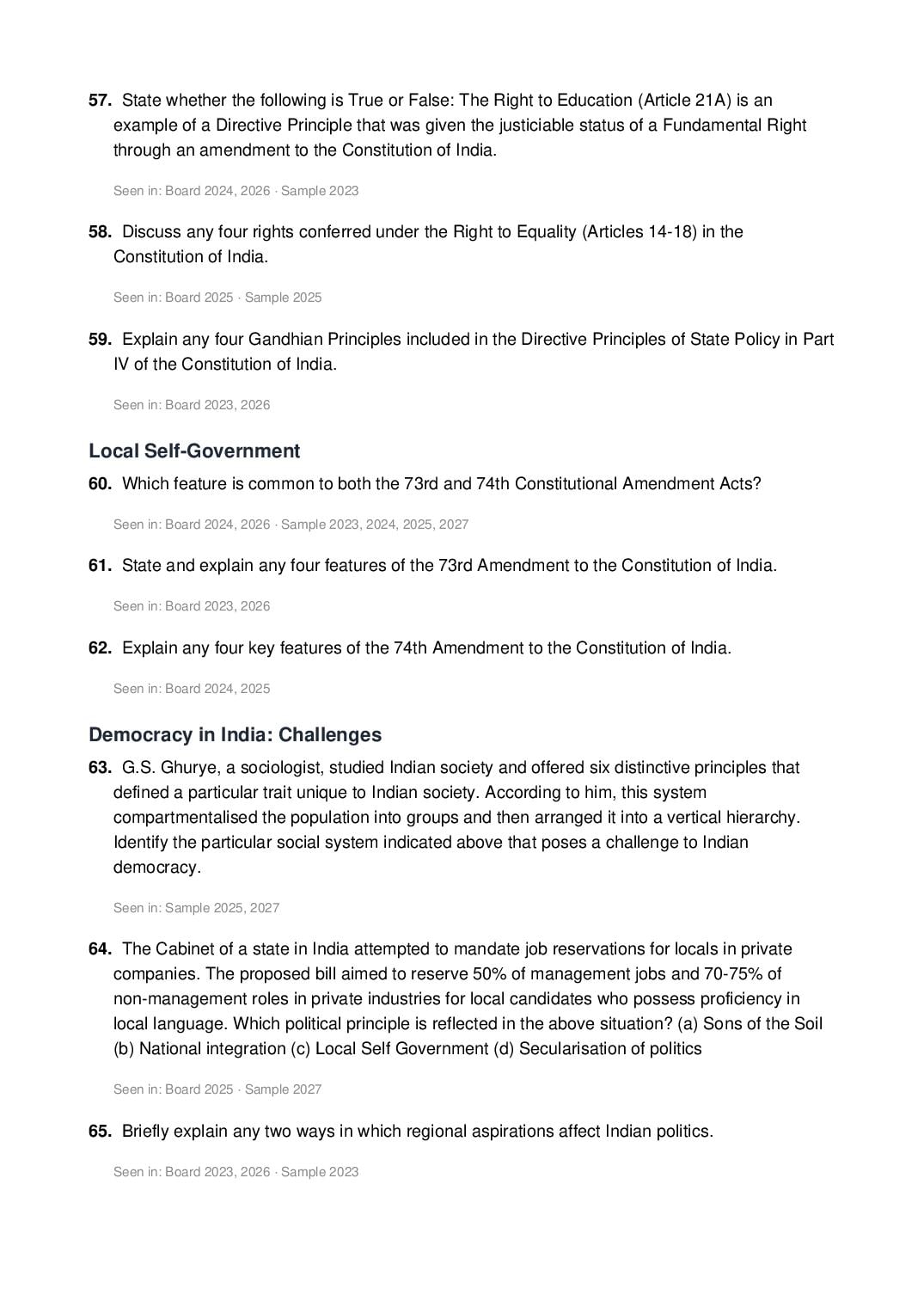 ISC Class 12 Political Science Important Questions 2027 (PDF)