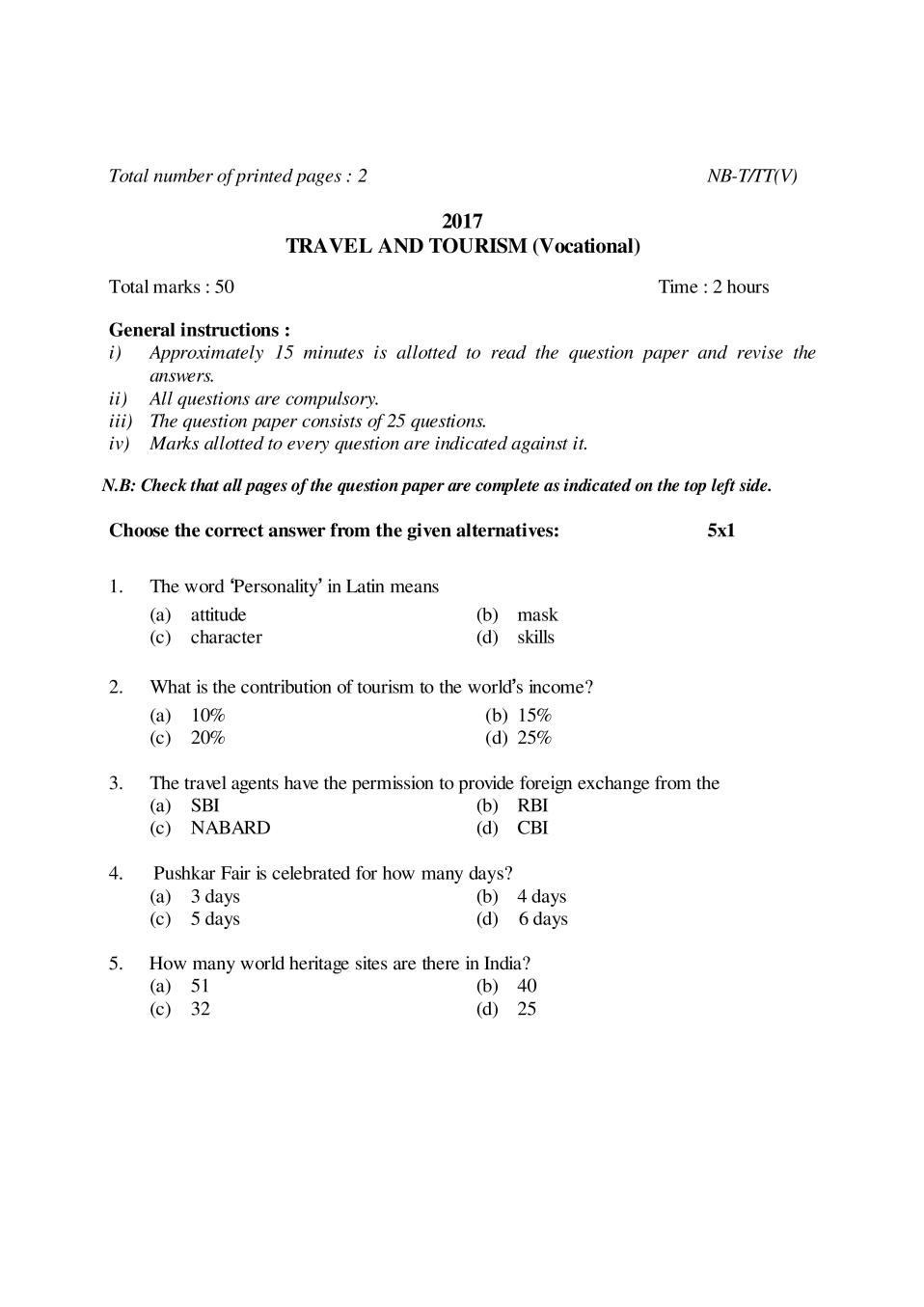 NBSE Class 10 Question Paper 2017 for Travel _ Tourism - Page 1