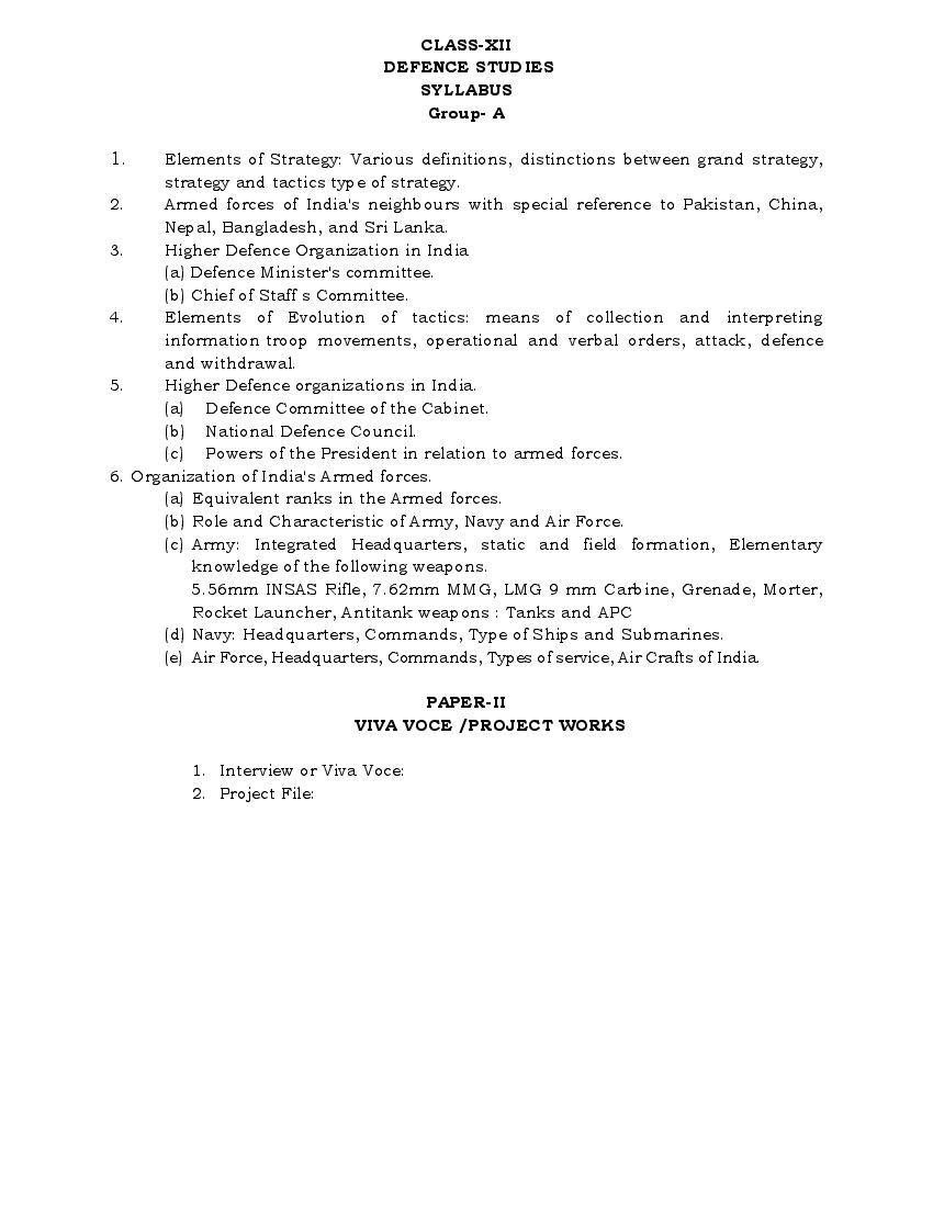 PSEB Syllabus 2021-22 for Class 12 Defence Studies - Page 1