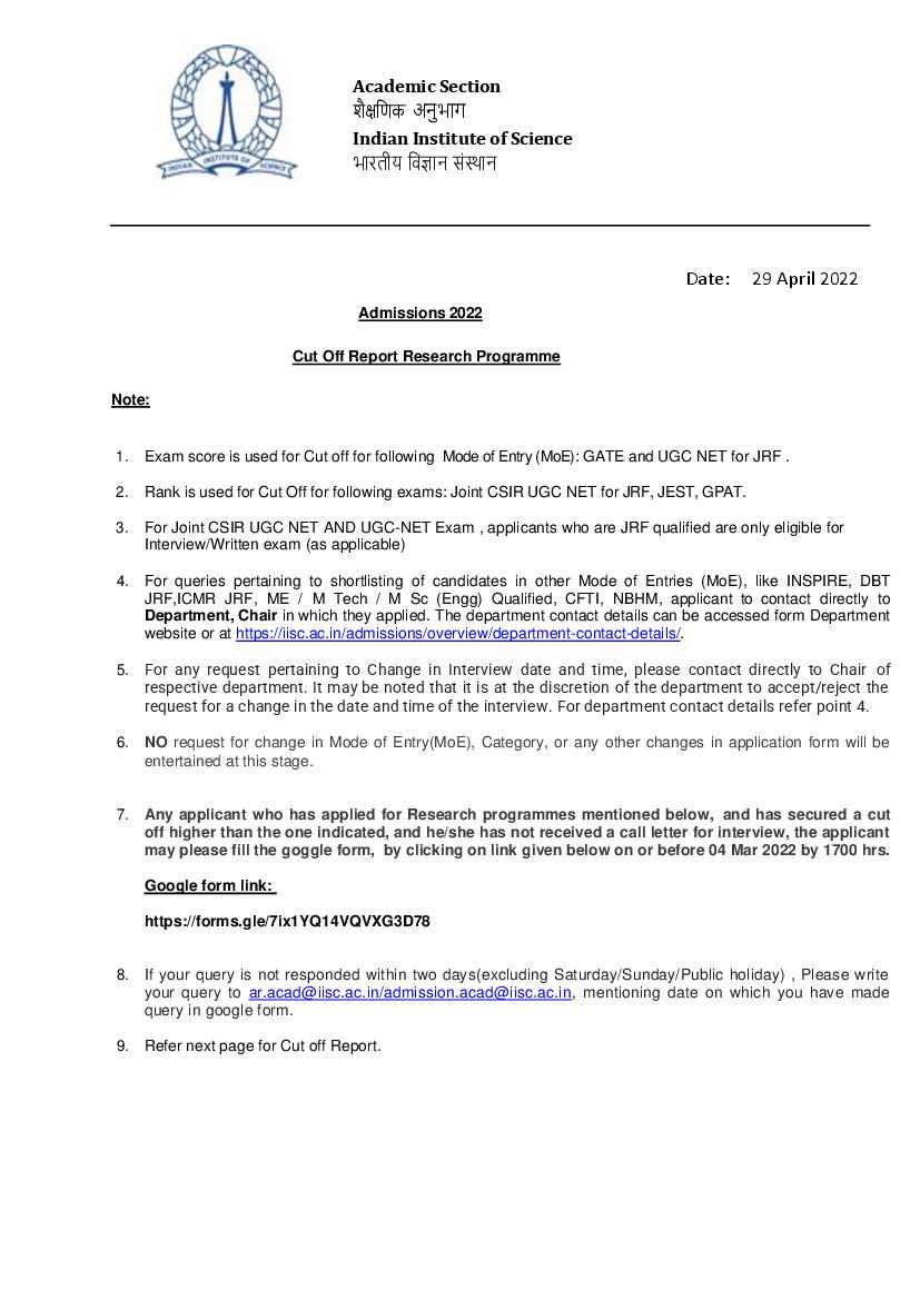 IISc Admission 2022 Cutoff Report Research Programme - Page 1